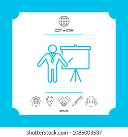 Presentation sign - line icon. Man standing with pointer near the flip chart. Blank empty billboard symbol