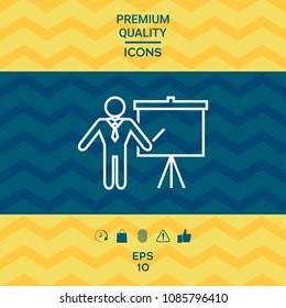 Presentation sign - line icon. Man standing with pointer near the flip chart. Blank empty billboard symbol