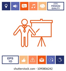 Presentation sign - line icon. Man standing with pointer near the flip chart. Blank empty billboard symbol