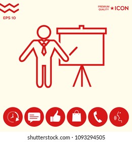 Presentation sign - line icon. Man standing with pointer near the flip chart. Blank empty billboard symbol
