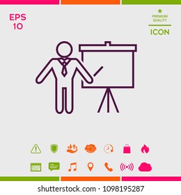 Presentation sign - line icon. Man standing with pointer near the flip chart. Blank empty billboard symbol