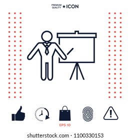 Presentation sign - line icon. Man standing with pointer near the flip chart. Blank empty billboard symbol