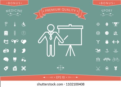 Presentation sign - line icon. Man standing with pointer near the flip chart. Blank empty billboard symbol