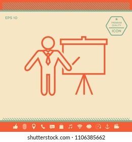 Presentation sign - line icon. Man standing with pointer near the flip chart. Blank empty billboard symbol