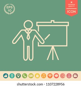 Presentation sign - line icon. Man standing with pointer near the flip chart. Blank empty billboard symbol