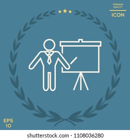 Presentation sign - line icon. Man standing with pointer near the flip chart. Blank empty billboard symbol