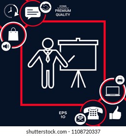 Presentation sign - line icon. Man standing with pointer near the flip chart. Blank empty billboard symbol