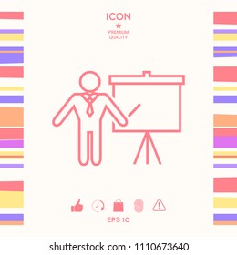 Presentation sign - line icon. Man standing with pointer near the flip chart. Blank empty billboard symbol