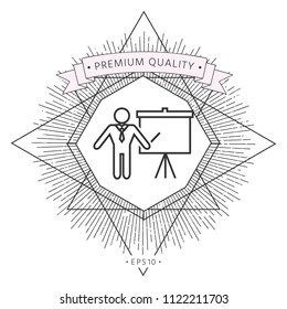 Presentation sign - line icon. Man standing with pointer near the flip chart. Blank empty billboard symbol