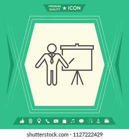 Presentation sign - line icon. Man standing with pointer near the flip chart. Blank empty billboard symbol