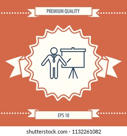 Presentation sign - line icon. Man standing with pointer near the flip chart. Blank empty billboard symbol