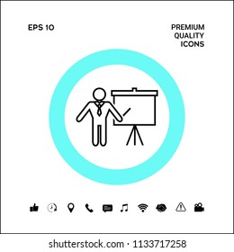 Presentation sign - line icon. Man standing with pointer near the flip chart. Blank empty billboard symbol