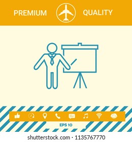 Presentation sign - line icon. Man standing with pointer near the flip chart. Blank empty billboard symbol