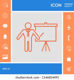 Presentation sign - line icon. Man standing with pointer near the flip chart. Blank empty billboard symbol