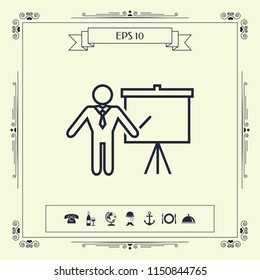 Presentation sign - line icon. Man standing with pointer near the flip chart. Blank empty billboard symbol
