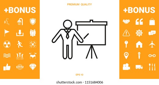 Presentation sign - line icon. Man standing with pointer near the flip chart. Blank empty billboard symbol