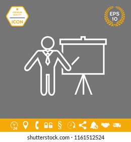 Presentation sign - line icon. Man standing with pointer near the flip chart. Blank empty billboard symbol