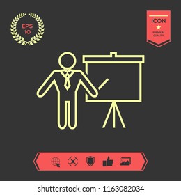 Presentation sign - line icon. Man standing with pointer near the flip chart. Blank empty billboard symbol
