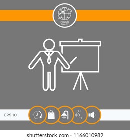 Presentation sign - line icon. Man standing with pointer near the flip chart. Blank empty billboard symbol