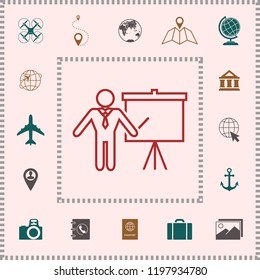 Presentation sign - line icon. Man standing with pointer near the flip chart. Blank empty billboard symbol