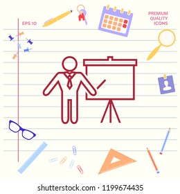 Presentation sign - line icon. Man standing with pointer near the flip chart. Blank empty billboard symbol