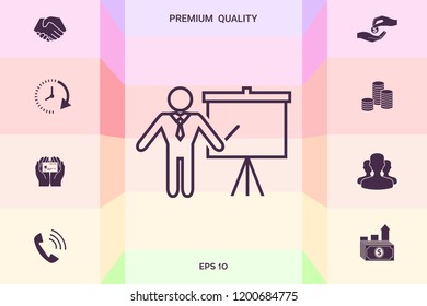 Presentation sign - line icon. Man standing with pointer near the flip chart. Blank empty billboard symbol