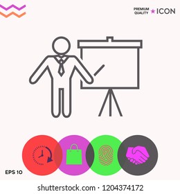 Presentation sign - line icon. Man standing with pointer near the flip chart. Blank empty billboard symbol