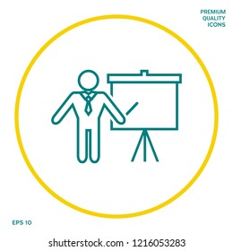 Presentation sign - line icon. Man standing with pointer near the flip chart. Blank empty billboard symbol