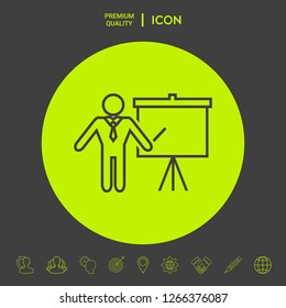 Presentation sign - line icon. Man standing with pointer near the flip chart. Blank empty billboard symbol