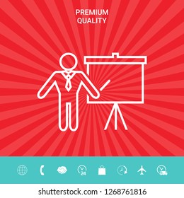 Presentation sign - line icon. Man standing with pointer near the flip chart. Blank empty billboard symbol