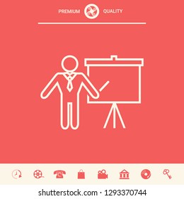 Presentation sign - line icon. Man standing with pointer near the flip chart. Blank empty billboard symbol