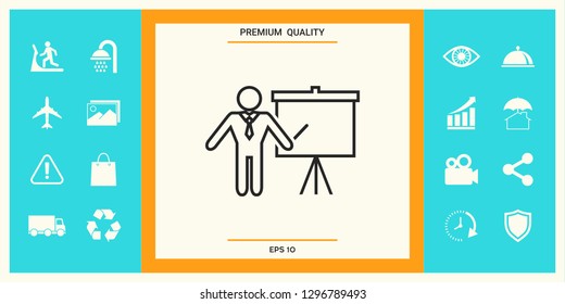Presentation sign - line icon. Man standing with pointer near the flip chart. Blank empty billboard symbol