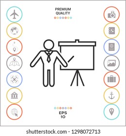 Presentation sign - line icon. Man standing with pointer near the flip chart. Blank empty billboard symbol