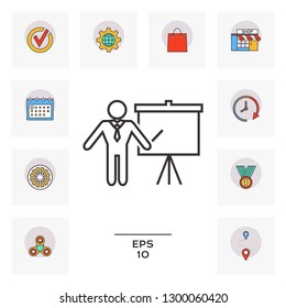 Presentation sign - line icon. Man standing with pointer near the flip chart. Blank empty billboard symbol