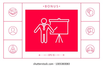 Presentation sign - line icon. Man standing with pointer near the flip chart. Blank empty billboard symbol