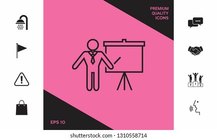 Presentation sign - line icon. Man standing with pointer near the flip chart. Blank empty billboard symbol