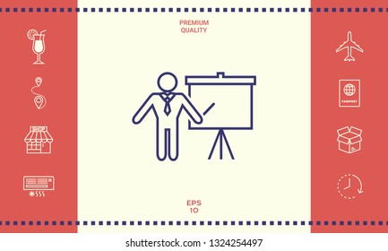 Presentation sign - line icon. Man standing with pointer near the flip chart. Blank empty billboard symbol
