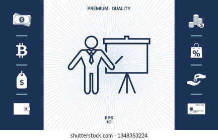 Presentation sign - line icon. Man standing with pointer near the flip chart. Blank empty billboard symbol