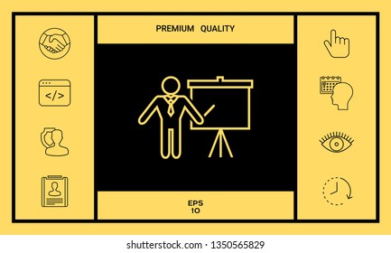 Presentation sign - line icon. Man standing with pointer near the flip chart. Blank empty billboard symbol