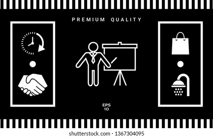 Presentation sign - line icon. Man standing with pointer near the flip chart. Blank empty billboard symbol