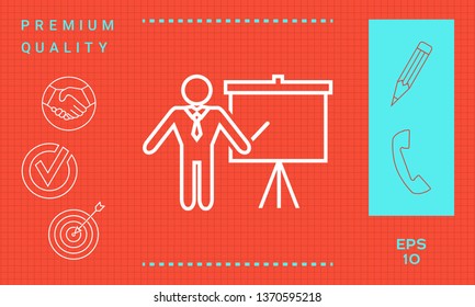 Presentation sign - line icon. Man standing with pointer near the flip chart. Blank empty billboard symbol