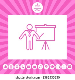 Presentation sign - line icon. Man standing with pointer near the flip chart. Blank empty billboard symbol