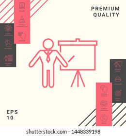 Presentation sign - line icon. Man standing with pointer near the flip chart. Blank empty billboard, elements for your design