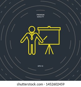 Presentation sign - line icon. Man standing with pointer near the flip chart. Blank empty billboard, elements for your design