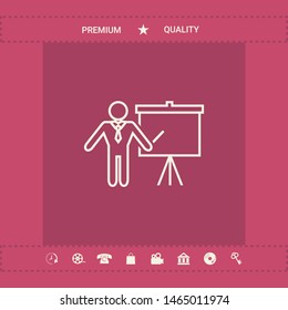 Presentation sign - line icon. Man standing with pointer near the flip chart. Blank empty billboard, elements for your design