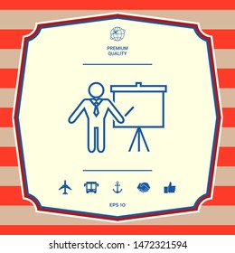 Presentation sign - line icon. Man standing with pointer near the flip chart. Blank empty billboard, elements for your design