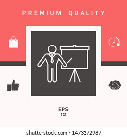 Presentation sign - line icon. Man standing with pointer near the flip chart. Blank empty billboard, elements for your design