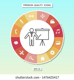 Presentation sign - line icon. Man standing with pointer near the flip chart. Blank empty billboard, elements for your design