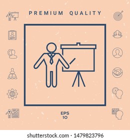 Presentation sign - line icon. Man standing with pointer near the flip chart. Blank empty billboard, elements for your design
