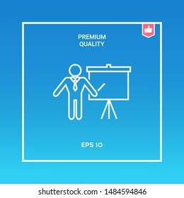 Presentation sign - line icon. Man standing with pointer near the flip chart. Blank empty billboard, elements for your design